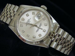Mens Rolex Date Stainless Steel Watch Ss Domed Bezel Silver Diamond Dial 1500