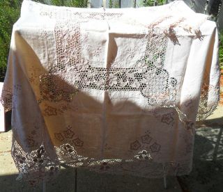 Vintage French Linen Crocheted & Lace Embroidered Square Tablecloth,  6 Napkins