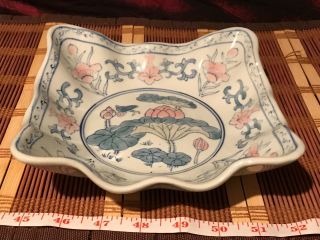 Asian Porcelain Sqare Blue White & Pink Floral Design Bowl Scalloped Edge 7 1/8 "