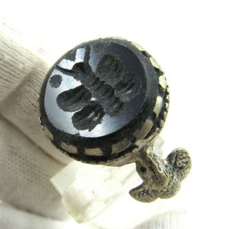 Authentic Post Medieval Silver Ring W/ Stone Intaglio Butterfly Wearable - J147