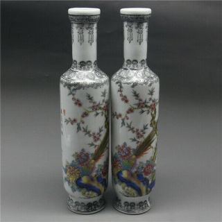 A Pair Exquisite Chinese Old Porcelain Handwork Peacock Flower Bird Vase