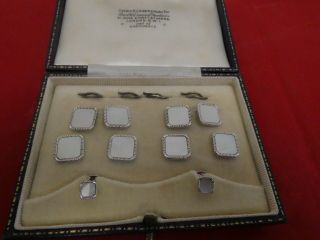 9ct White Gold & Mother Of Pearl Cufflinks/buttons/collar Stud Cased Set