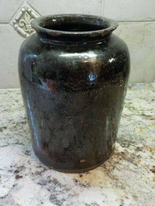 Antique Redware 8 " Preserve Apple Butter Jar Crock Manganese Dark Brown Glaze