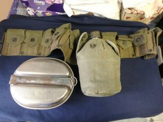 Wwii Cartridge Belt,  Canteen And Cover,  Mess Kit.