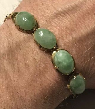16.  60ctw Type A Green Jadeite 14k Gold Bracelet Huge Vintage Jade 1940 Antique