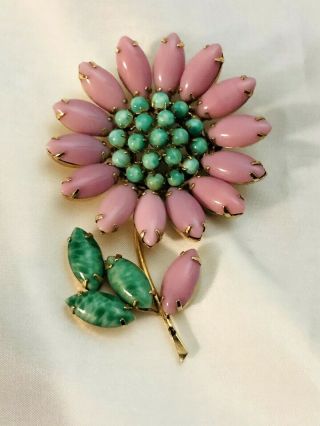 Vintage Schreiner Figural Flower Brooch Faux Jade And Pink Marquis Stones