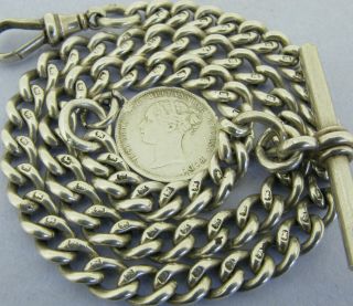 Victorian Antique Solid Silver Albert Pocket Watch Chain T - Bar & Coin Fob 1897