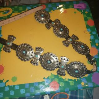 Vintage Sterling Silver,  Turquoise & Lapis Mexico Concho Belt Size M (30 - 32 ")