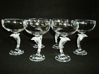 Rare Antique BACCARAT 6 x Crystal Champagne Goblet w/ Large Dolphin Figure Stems 12