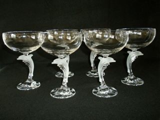 Rare Antique Baccarat 6 X Crystal Champagne Goblet W/ Large Dolphin Figure Stems
