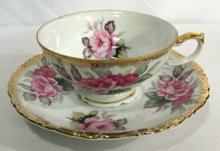 Vintage Lefton China Cup & Saucer Hand Painted Pink Roses Gold Trim
