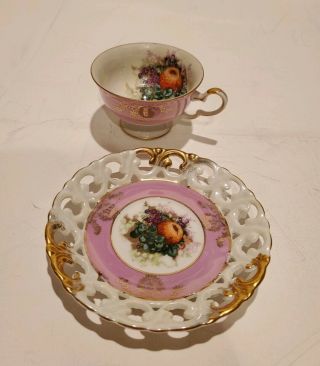 Royal Halsey Lusterware Iridescent Footed Tea Cup & Saucer W/ Fruit Scene Pink