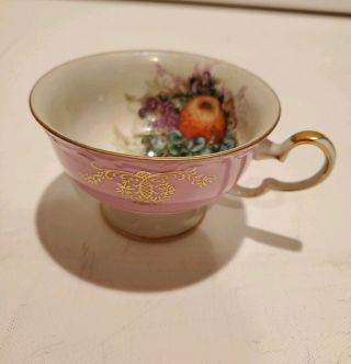 Royal Halsey Lusterware Iridescent Footed Tea Cup & Saucer w/ Fruit Scene Pink 3