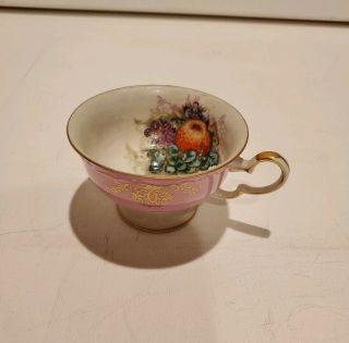 Royal Halsey Lusterware Iridescent Footed Tea Cup & Saucer w/ Fruit Scene Pink 4