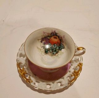 Royal Halsey Lusterware Iridescent Footed Tea Cup & Saucer w/ Fruit Scene Pink 5