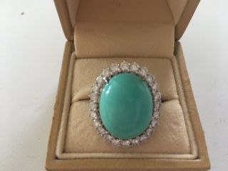 18 Karat White Gold Turquoise And 2 Ct Vintage Diamond Ring Stamped 750