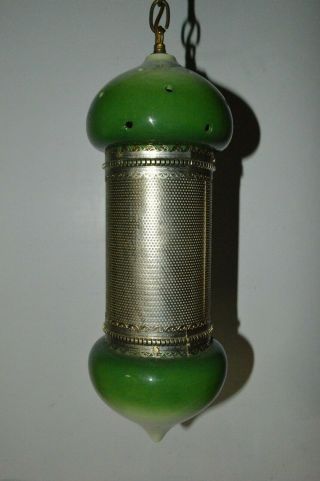 Vintage Mid Century Turkish Moroccan Hanging Swag Lamp Tin Ceramic Green