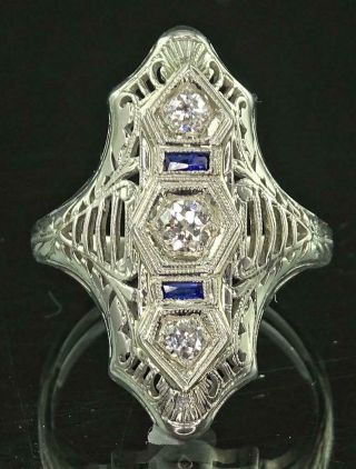 Art Deco 18k White Gold Filigree,  3 Sparkling Diamond & Twin Blue Sapphire Ring