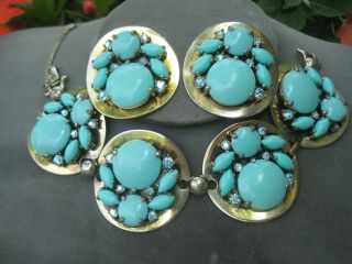 Vintage Elsa Schiaparelli Faux Turquoise & Rhinestone Cluster Bracelet & Earring