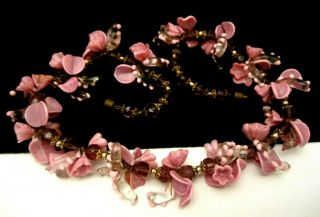 Rare Vintage 16 " Early Miriam Haskell Brass Pink Glass Flower Leaf Necklace A39