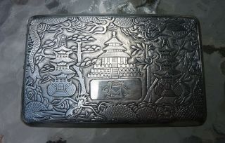 Antique Sterling Silver Heavy Cigarette Case Chinese Design Ornate Teh Ling