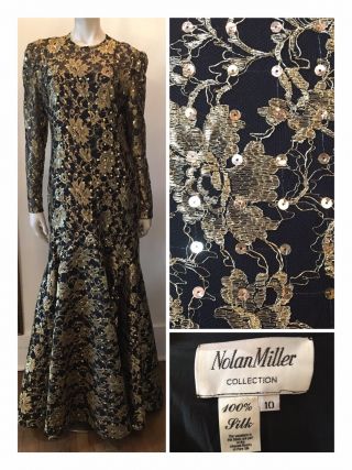 Vintage 80s Nolan Miller Black Gold Silk Dress Sz 10 Designer Full Length Gown