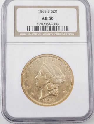 1867 S $20 Gold Coin Double Eagle Ngc Au50 Rare Date Liberty Head M745