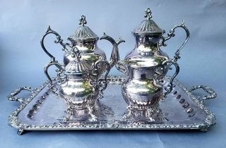 Fine Silver Plate On Copper Tea & Coffee Set W Handled Tray Very