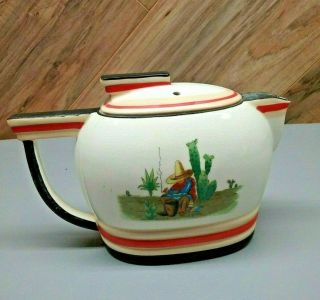 Vintage Deco Style Ceramic Tea Pot Western Theme Cactus & Man In Sombero 4 - 3/4 "