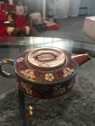 Vintage Chinese Cloisonne Enamel Mini Teapot Floral Design W Lid
