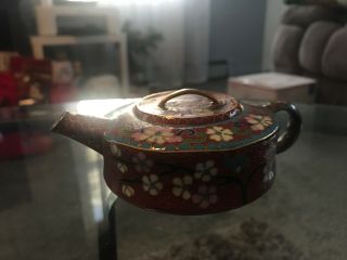 Vintage Chinese Cloisonne Enamel Mini Teapot Floral Design W Lid 2