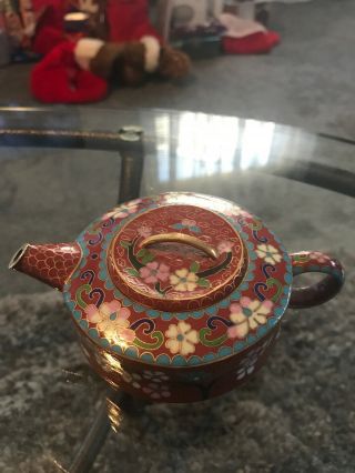 Vintage Chinese Cloisonne Enamel Mini Teapot Floral Design W Lid 3