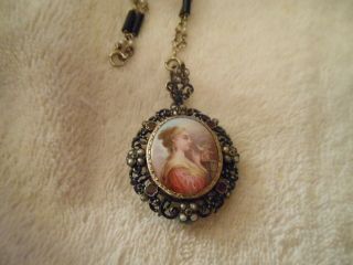 antique 14kt white gold & enamel with pearls & ruby painted lady&dove morning 10