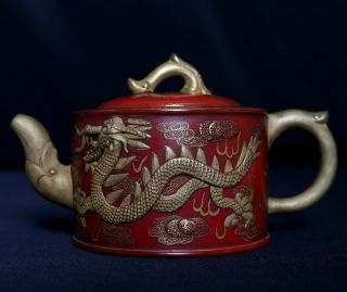 Rare Chinese Hand Carving Gilt Pottery Purple Sand Dragon Zisha Teapot Pt298