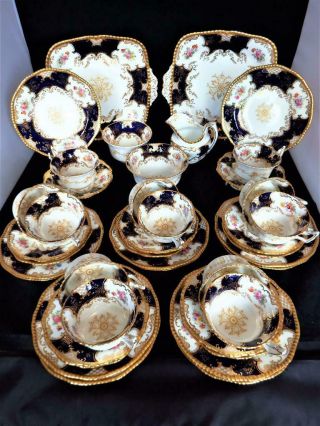 Antique Coalport Porcelain England Rare 41 Piece 12 Place Blue Batwing Tea Set
