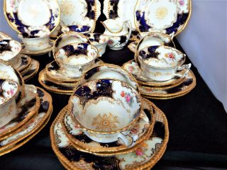 ANTIQUE COALPORT PORCELAIN ENGLAND RARE 41 PIECE 12 PLACE BLUE BATWING TEA SET 4