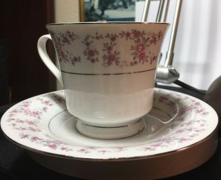 Vintage Tea Cup & Saucer White With Small Pink Flowers Stamped On Bottom