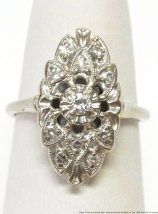 Fine Diamond 14k White Gold Ring Ladies Vintage Art Deco Navette Cluster Sz 4.  75