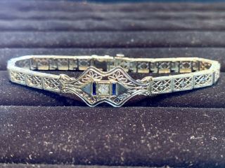 Antique 14k White Gold 0.  15 Tcw Diamonds & Sapphires Art Deco Filigree Braceket