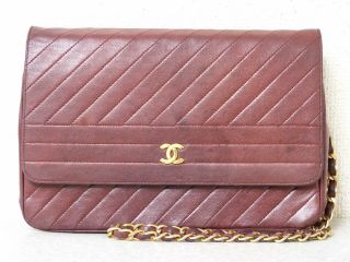 Ra5827 Auth Chanel Vintage Bordeaux Lambskin Cc Push Lock Chain Shoulder Bag