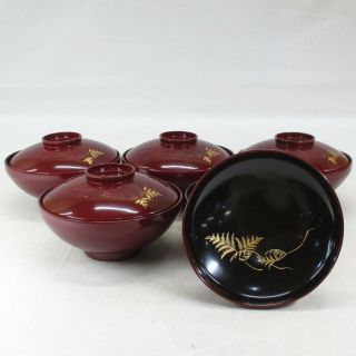 F840: Japanese Old Lacquer Ware 5 Covered Bowls W/shrimp Pattern & Chinkin Work