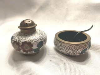 Antique Chinese Cloisonné Stacking Salt Cellar & Pepper Shaker Set W/brass Spoon