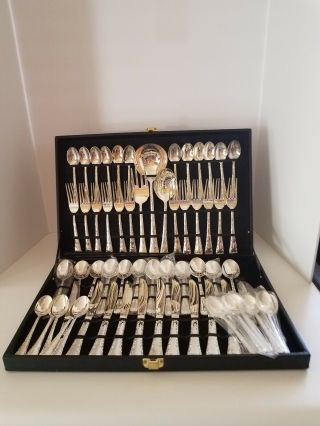 Vintage Wm.  Rogers & Sons Enchanted Rose Silver Plate 62 Piece Flatware With Cas