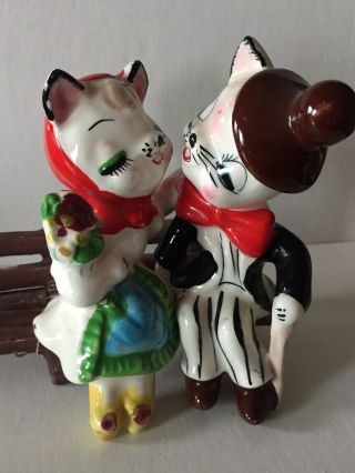 Vintage Boy and Girl Cats Salt and Pepper Shakers Japan Kissing on Bench 11