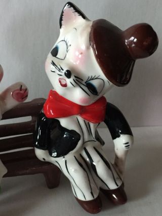 Vintage Boy and Girl Cats Salt and Pepper Shakers Japan Kissing on Bench 3