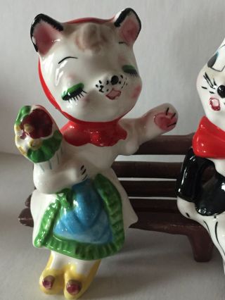 Vintage Boy and Girl Cats Salt and Pepper Shakers Japan Kissing on Bench 4