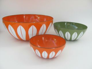 Set Of 3 Vintage Catherine Holm Orange & Green Lotus Enamel Nesting Bowls