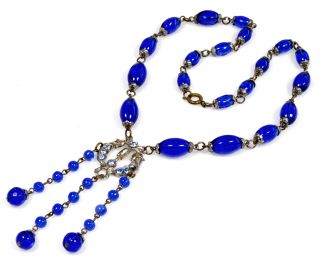 Antique Art Deco Czech Royal Blue Glass Bead Lavalier Necklace