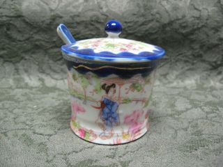 Oriental Porcelain Sauce Dish,  Lid & Spoon Blue Geisha Design