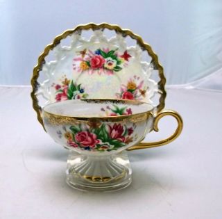 Royal Halsey Very Fine Pearl Luster Footed Tea Cup W Roses & Reticulated Saucer